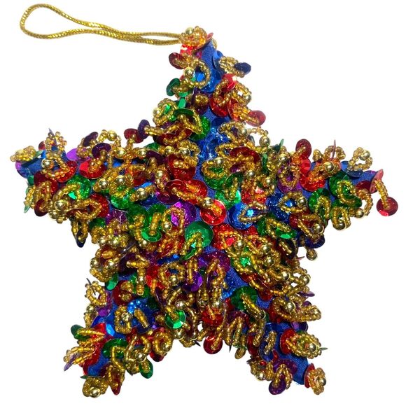 Handmade Sequin Beaded Christmas Tree Ornament 3D Star Multicolor 5 in - Picture 6 of 6